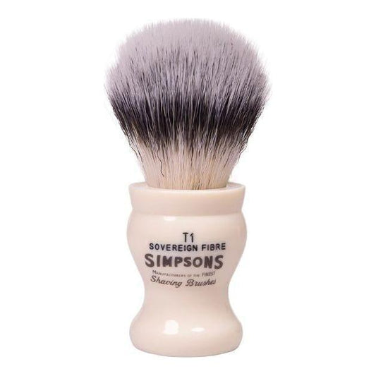 Simpson Tulip T1 Sovereign Grade synthetic fiber shaving brush with a polished handle and dense bristles for a smooth shave.