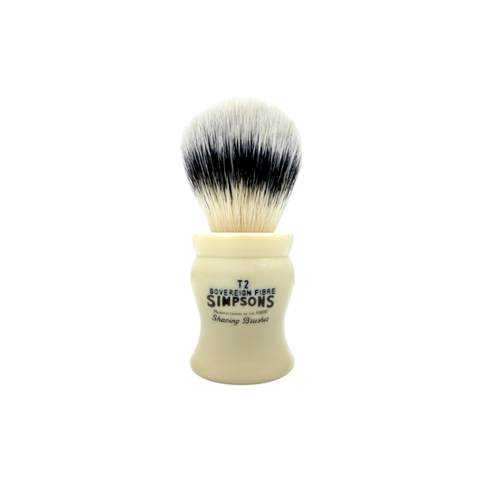 Simpson Tulip T2 Sovereign Grade synthetic fibre shaving brush with a sleek handle and soft bristles for a smooth shave.