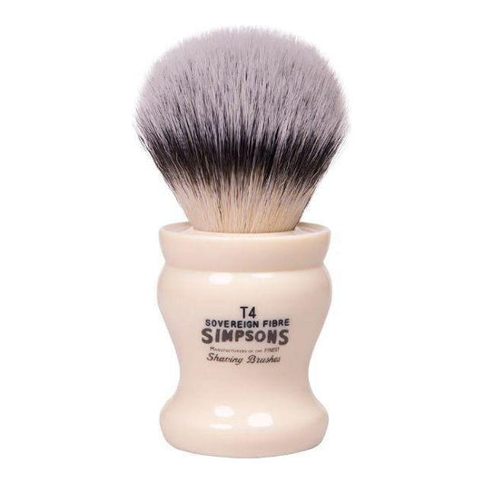 Simpson Tulip T4 Sovereign Grade synthetic fibre shaving brush with a white handle and dense bristle knot.