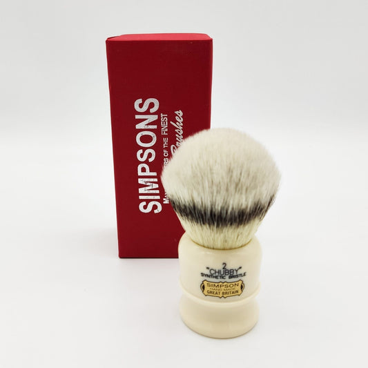 Simpsons Chubby 2 synthetic badger hair shaving brush with a rounded handle and dense bristles, ideal for shaving grooming.