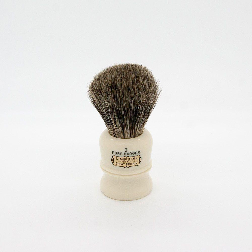 Simpsons Duke D2 Pure Badger Shaving Brush with a polished handle, ideal for creating a rich lather during shaving.