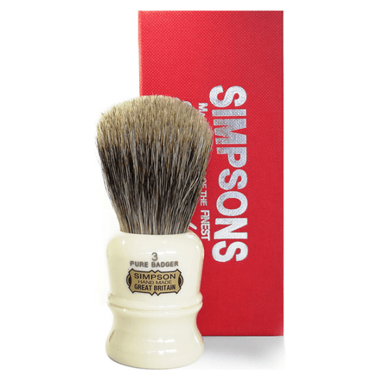 Simpsons Duke D3 pure badger shaving brush with wooden handle, ideal for traditional wet shaving.