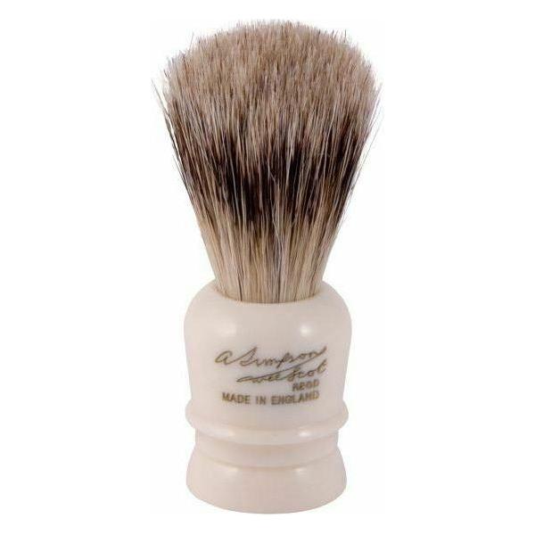 Simpsons Wee Scot Best Badger Shaving Brush with cream-colored handle and dense badger bristles.
