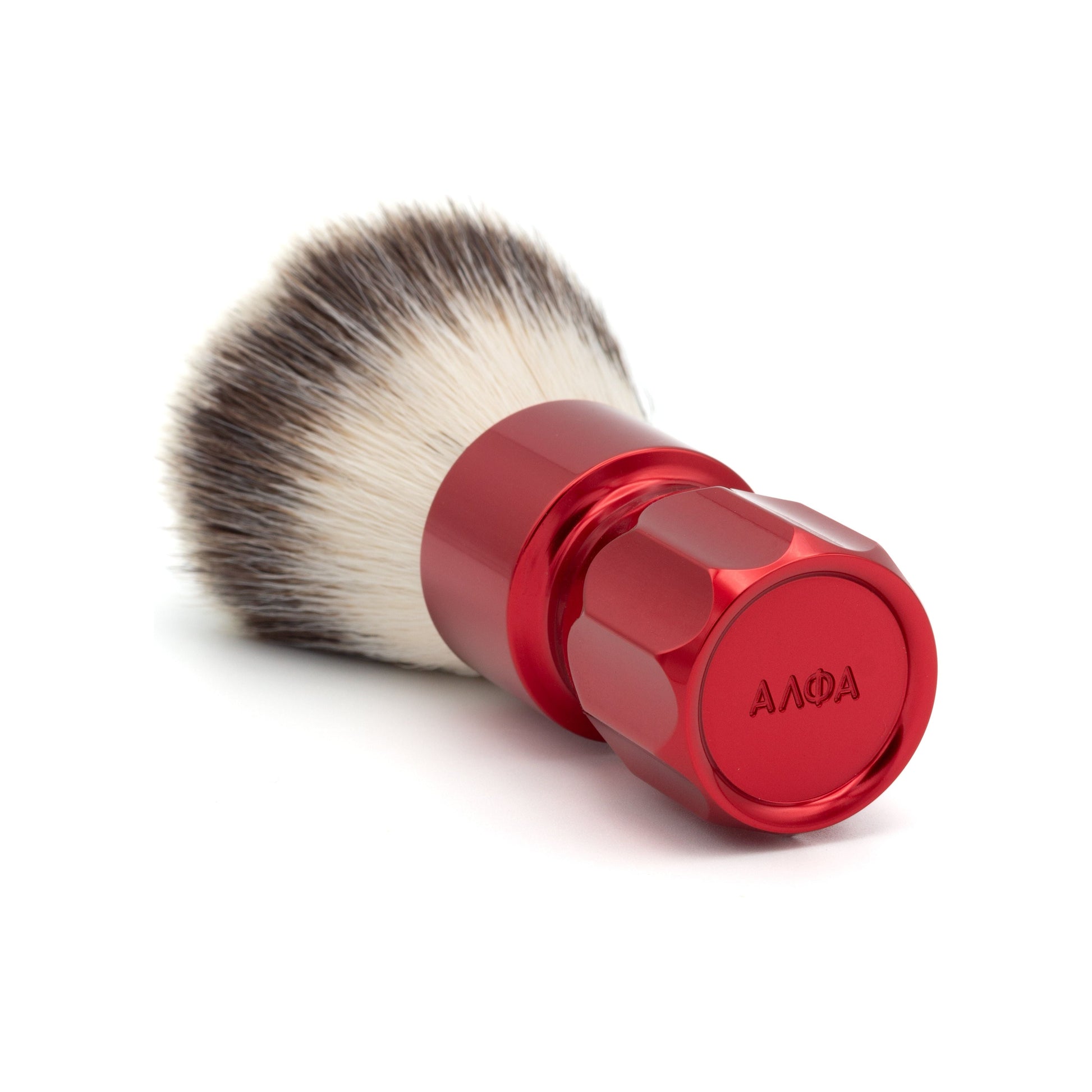Red Alpha Brush & Shaving Co. Revolver G4 shaving brush with dense bristles and ergonomic handle, perfect for traditional grooming.