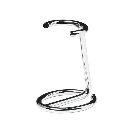 Omega Chrome Shaving Brush Stand by Pasteur Pharmacy, showcasing a polished chrome holder for a shaving brush on a clean surface.
