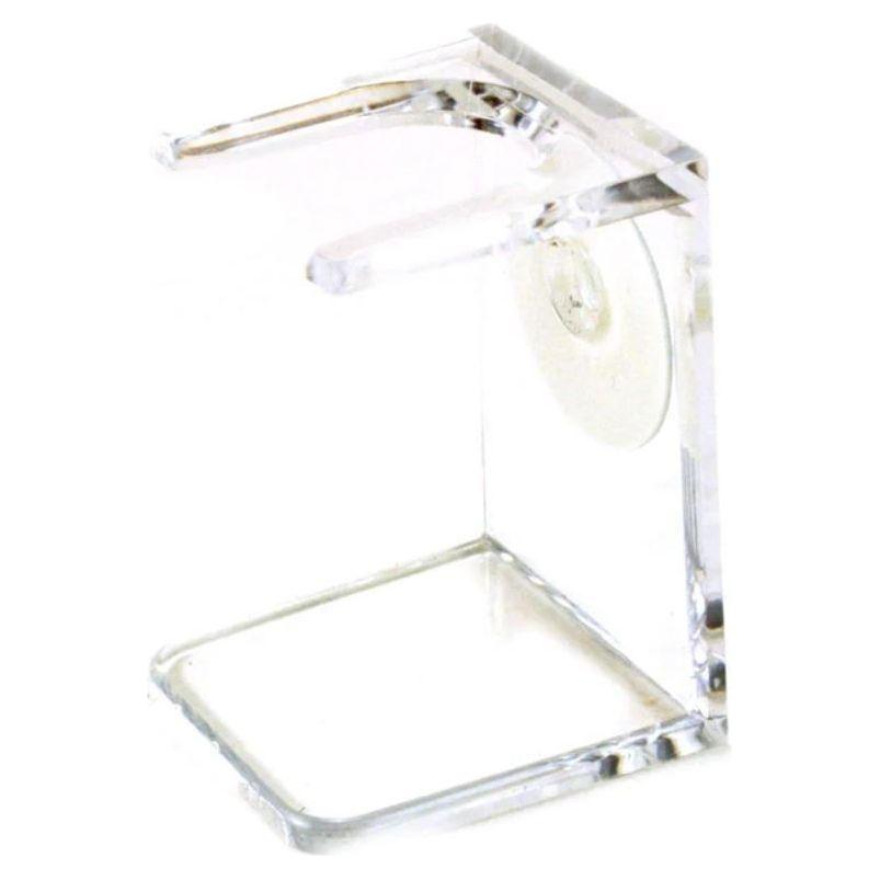 Clear acrylic Simpsons shaving brush drip and drying stand by Pasteur Pharmacy, designed to hold and dry shaving brushes.