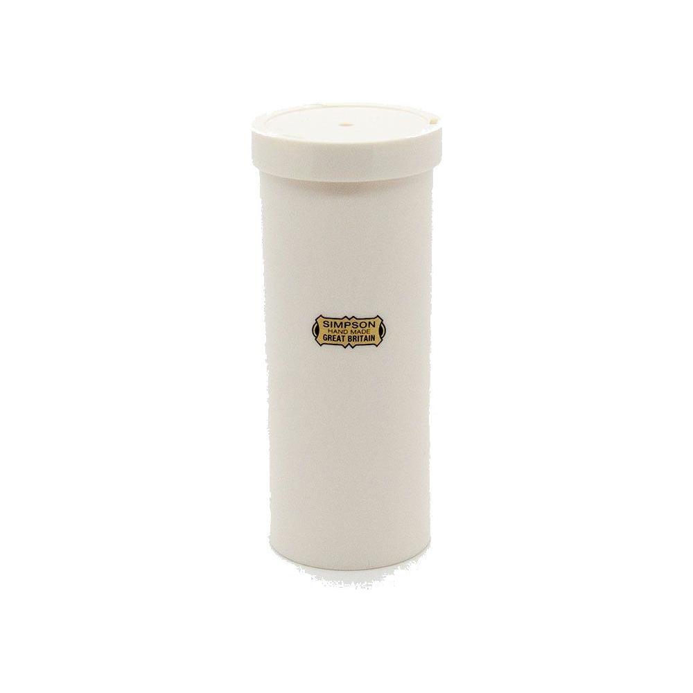 Small Simpson shaving brush travel tube by Pasteur Pharmacy, designed to protect and carry shaving brushes during travel.