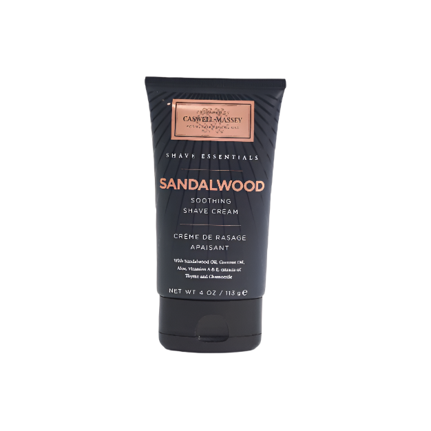 Caswell Massey Woodgrain Sandalwood Shave Cream collection in an 8 oz jar, featuring a rich, woody scent for a smooth shave.