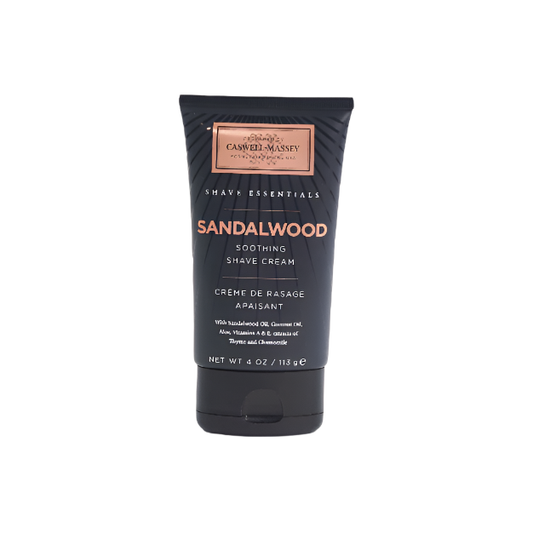 Caswell Massey Woodgrain Sandalwood Shave Cream collection in an 8 oz jar, featuring a rich, woody scent for a smooth shave.
