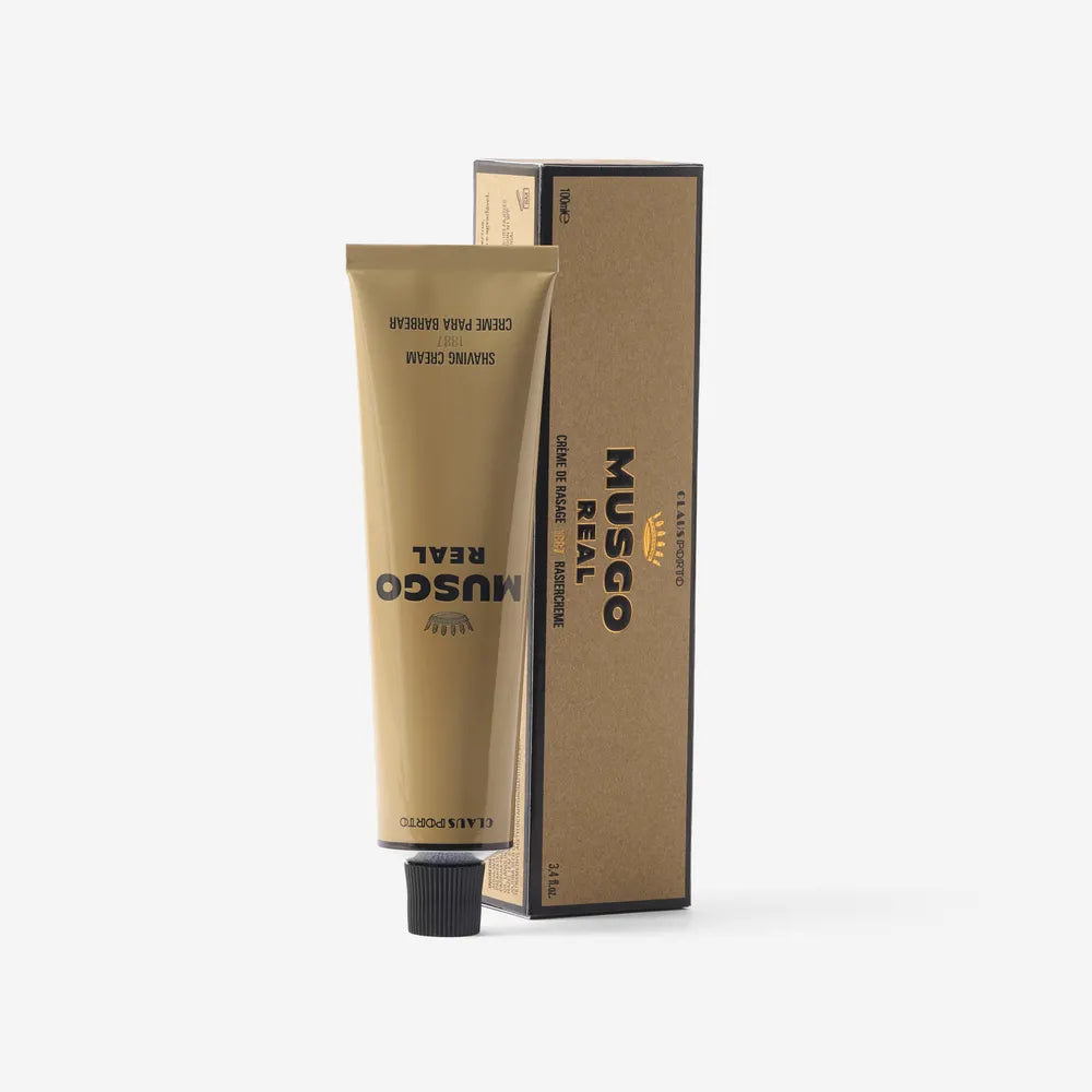 Claus Porto Musgo Real 1887 shaving cream in a 3.4 oz jar, creamy formula for a smooth shave, by Pasteur Pharmacy.