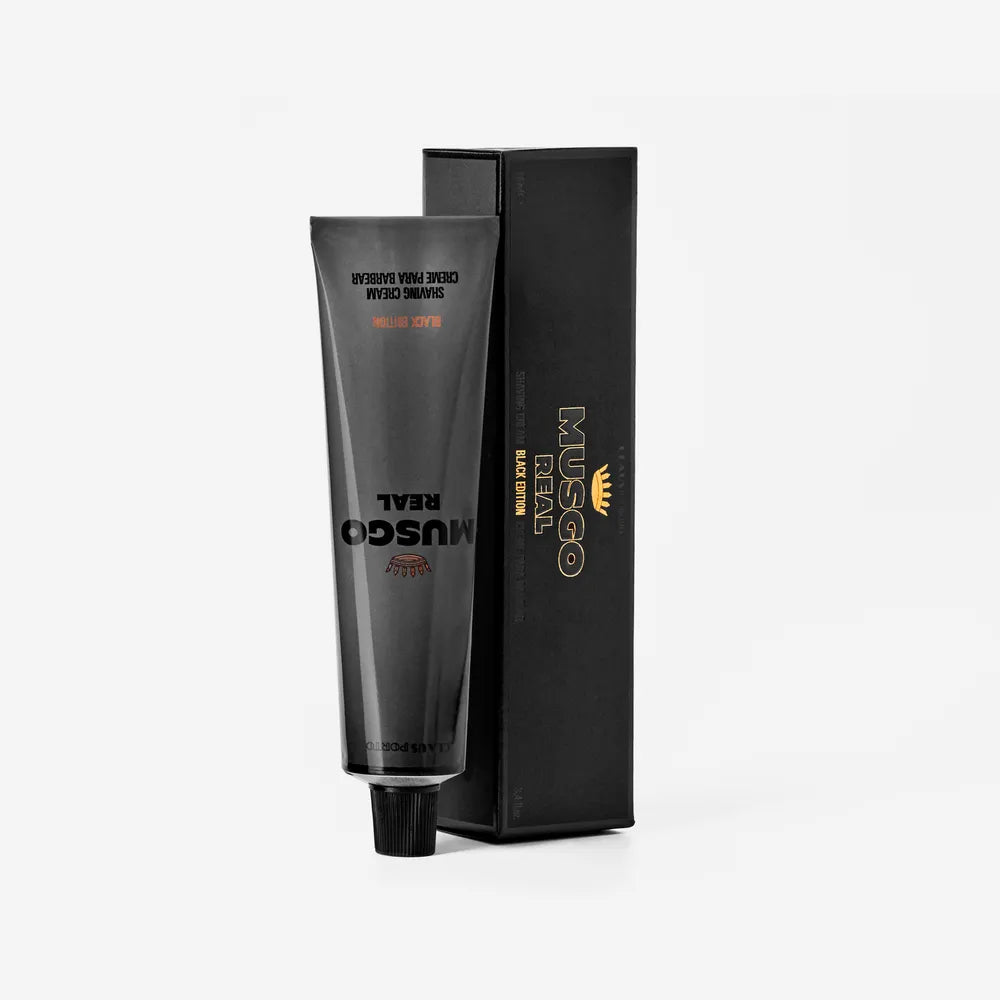 Claus Porto Musgo Real Black Edition Shaving Cream in 100ml jar, rich lathering grooming product for a smooth shave