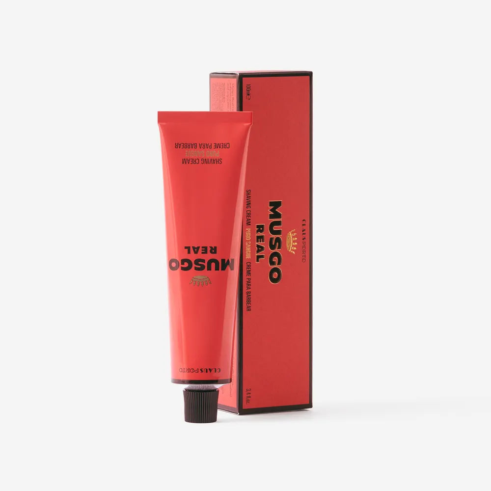 Claus Porto Musgo Real Puro Sangue shaving cream in a 3.4 oz tube, made by Pasteur Pharmacy, with a sleek packaging design.