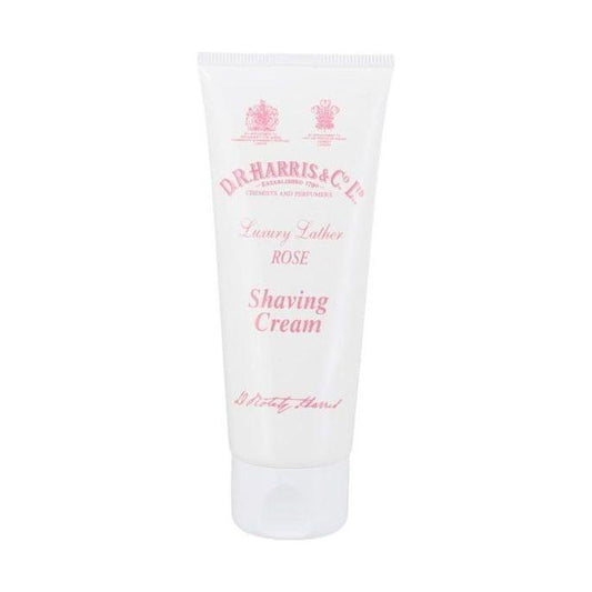 D. R. Harris & Co Rose Shaving Cream tube in 75g size, featuring elegant packaging and floral rose scent for a luxurious shave.