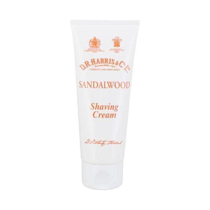 D. R. Harris & Co Sandalwood Shaving Cream tube, 75g, in white packaging with sandalwood scent for smooth shaving.