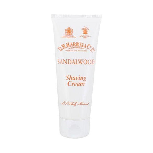 D. R. Harris & Co Sandalwood Shaving Cream tube, 75g, in white packaging with sandalwood scent for smooth shaving.