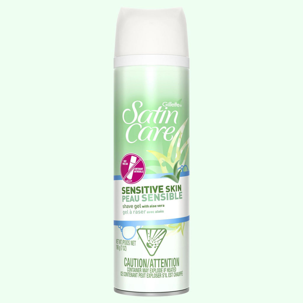 Gillette Venus Satin Care Sensitive Skin Shave Gel for women, 7 oz, in a white tube with blue accents.