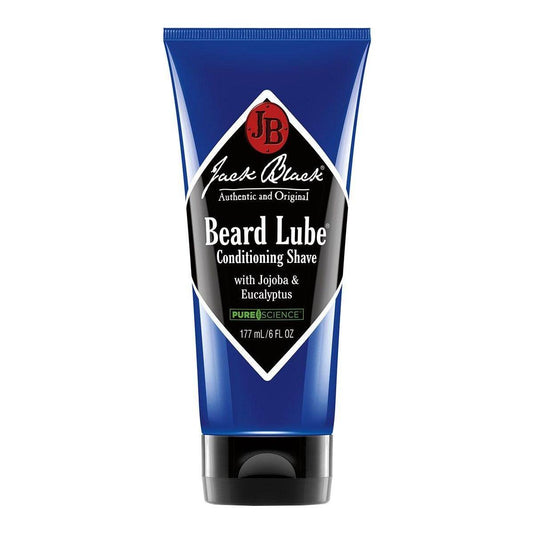 Jack Black Beard Lube Conditioning Shave cream with jojoba and eucalyptus, 6 oz, in a tube with a white and blue design.