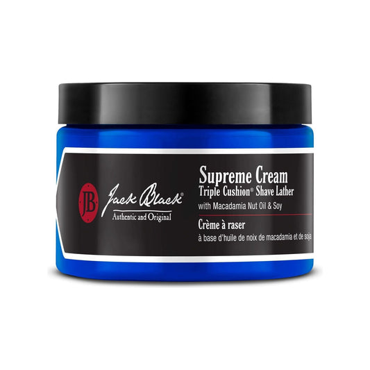 Jack Black Supreme Cream Triple Cushion Shave Lather in 270g jar, rich shaving cream with triple cushion for a smooth shave