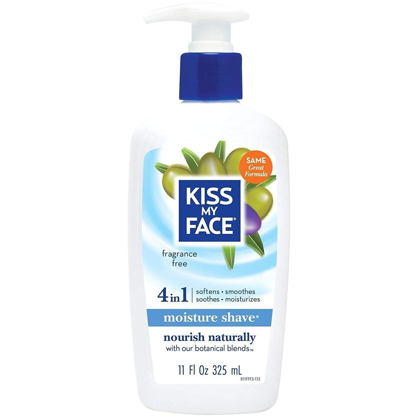 Kiss My Face 4-in-1 Moisture Shave Fragrance-Free shaving cream in 325ml tube, moisturizing and soothing for sensitive skin.