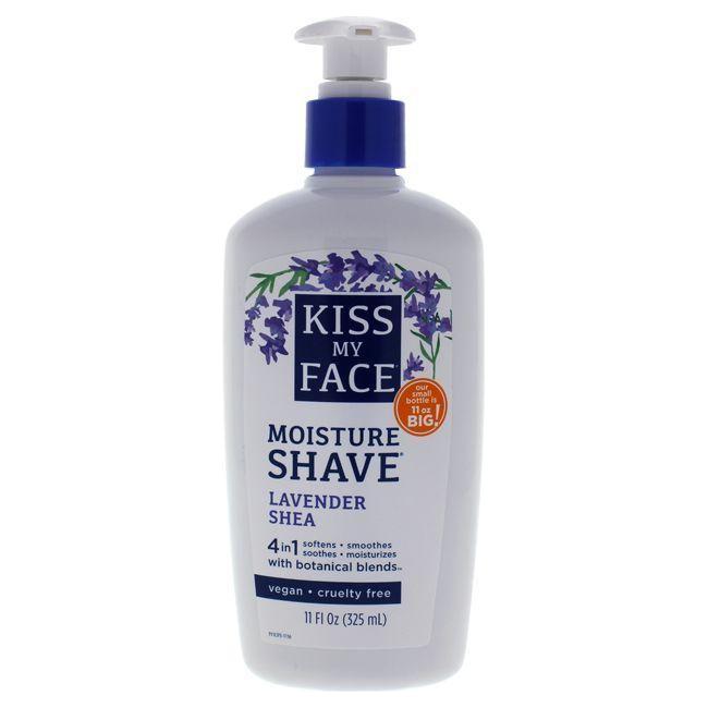 Kiss My Face Moisture Shave Lavender Shea shaving cream in 325ml bottle, moisturizing formula for smooth shaving.