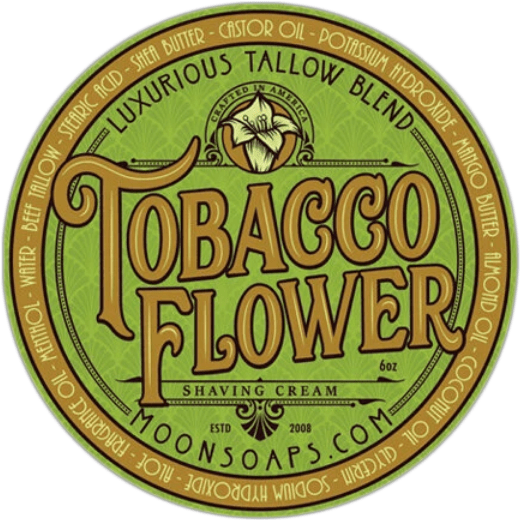 Moon Soaps Tobacco Flower Shaving Cream in a 6 oz jar, natural scent, creamy texture, ideal for a smooth shave.