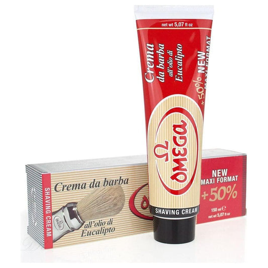 Omega Shaving Cream with Eucalyptus Oil in tube, 150 ml, by Pasteur Pharmacy, showing the tube with product label and cap.