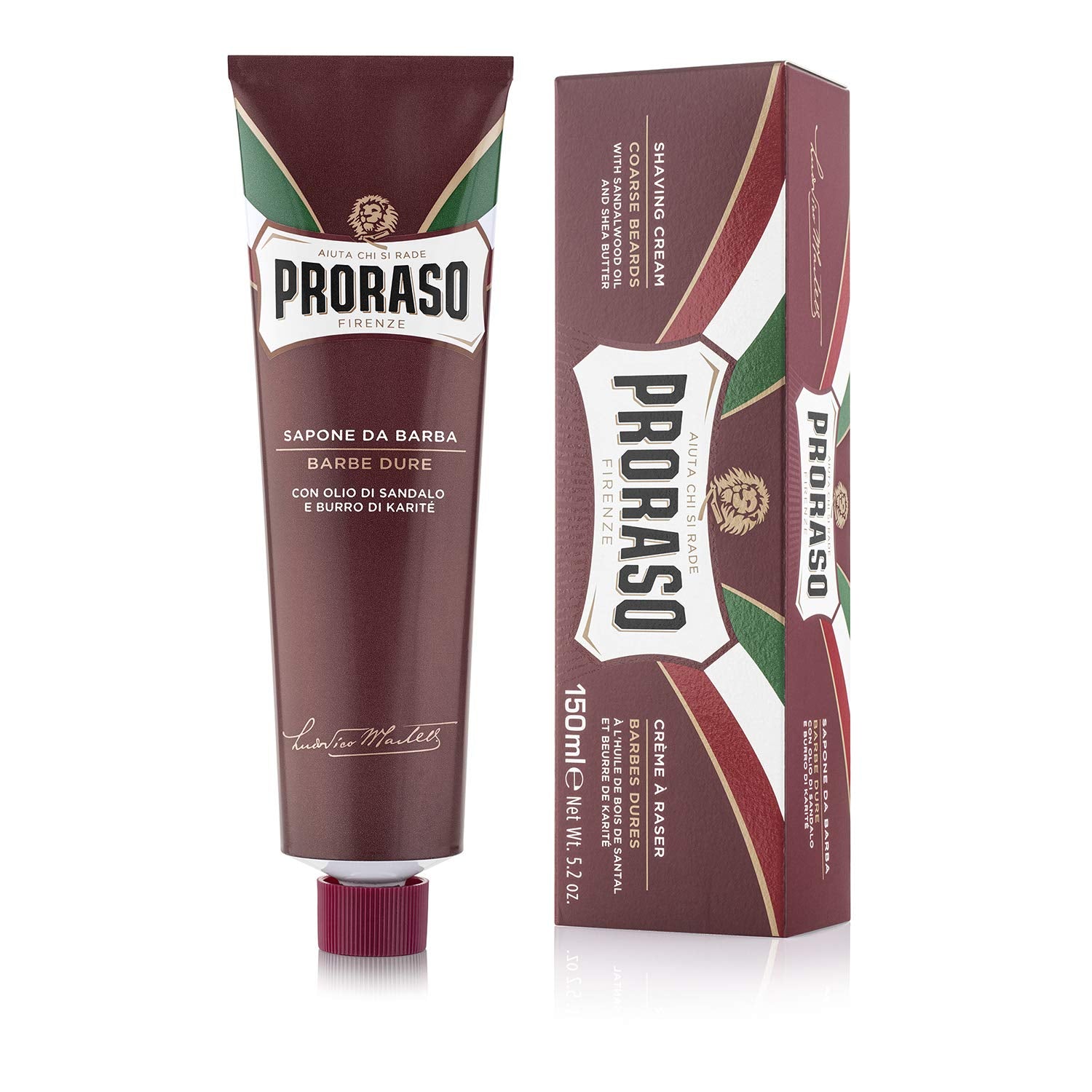 Proraso nourishing shaving cream with sandalwood oil and shea butter in a 5.2 oz jar, designed for smooth, moisturizing shaves.