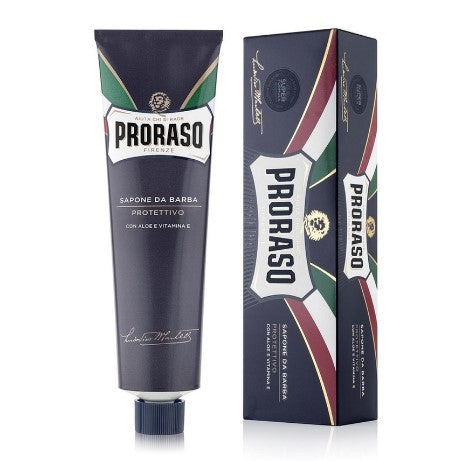 Proraso protective shaving cream with aloe and vitamin E in a 5.2 oz tube, designed for moisturizing and smooth shaving.