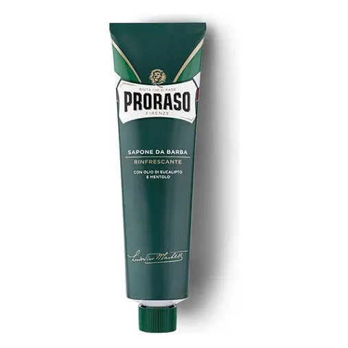 Proraso shaving cream tube with eucalyptus and menthol, 5.1 oz, featuring a white and green tube with branding and product details