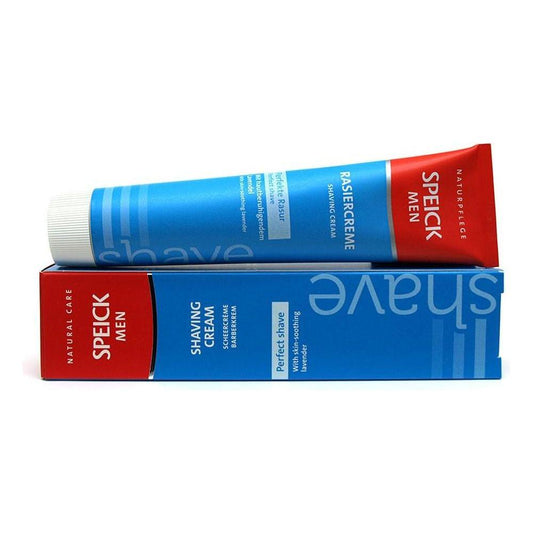 Speick Men Shaving Cream in a 2.5 oz tube, natural skincare product with a smooth, creamy texture for a close shave.