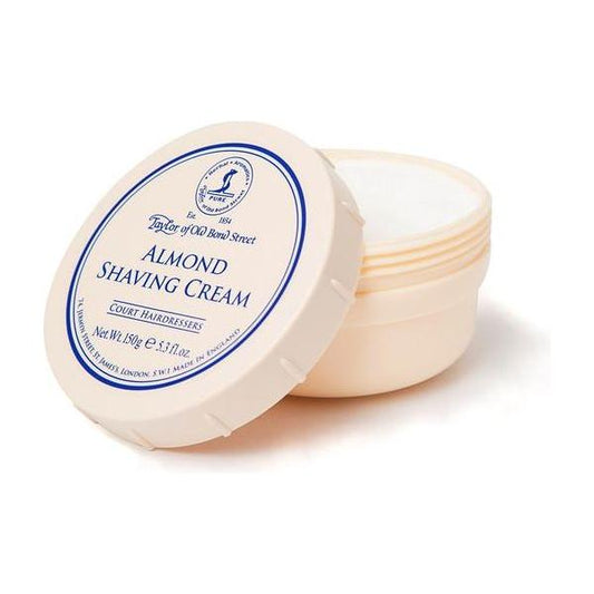 Taylor of Old Bond Street Almond Shaving Cream in a 5.3 oz bowl, natural grooming product with rich, creamy texture.