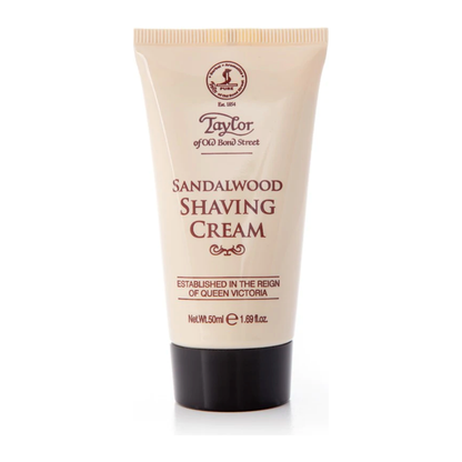 Taylor of Old Bond Street Sandalwood shaving cream travel tube, 1.7 oz, in a white tube with branding and sandalwood scent label.