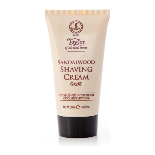 Taylor of Old Bond Street Sandalwood shaving cream travel tube, 1.7 oz, in a white tube with branding and sandalwood scent label.