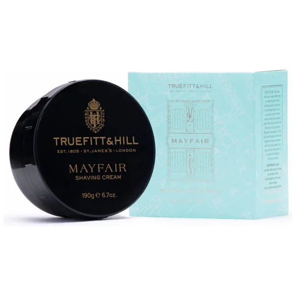 Truefitt & Hill Mayfair shaving cream bowl, 6.7 oz, in a classic container, showcasing rich lathering shaving cream from Pasteur Pharmacy.