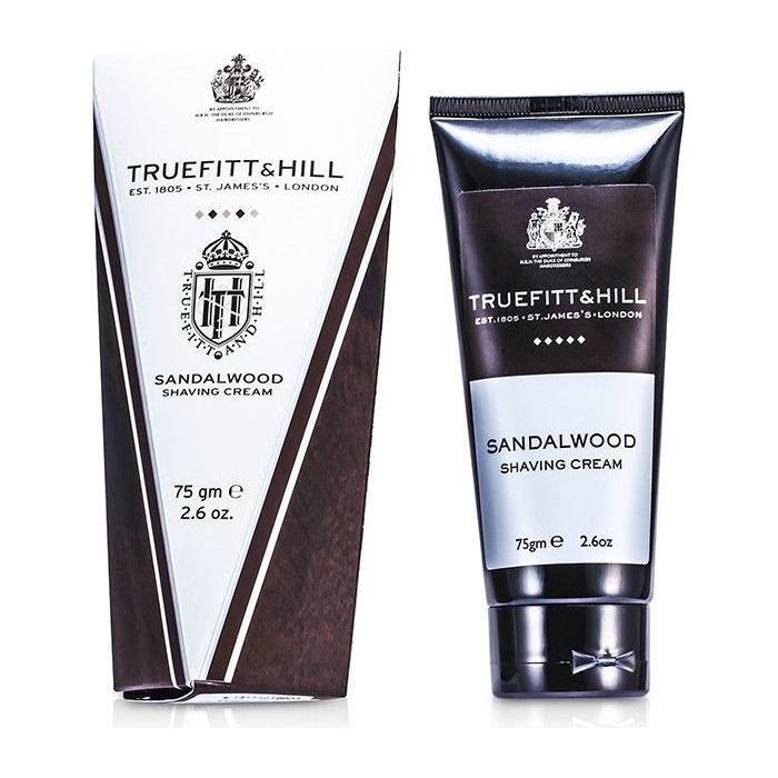 Truefitt & Hill Sandalwood Shaving Cream in a 2.6 oz travel tube, creamy texture, with sandalwood scent, suitable for sensitive skin.