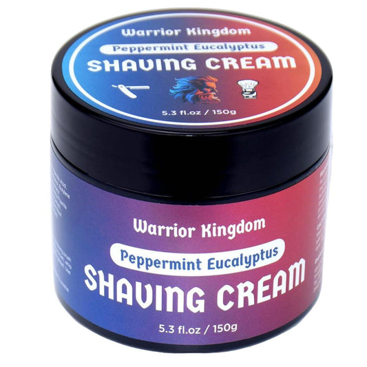 WhollyKaw Warrior Kingdom luxury shaving cream with peppermint and eucalyptus, in a jar, designed for a smooth shave.