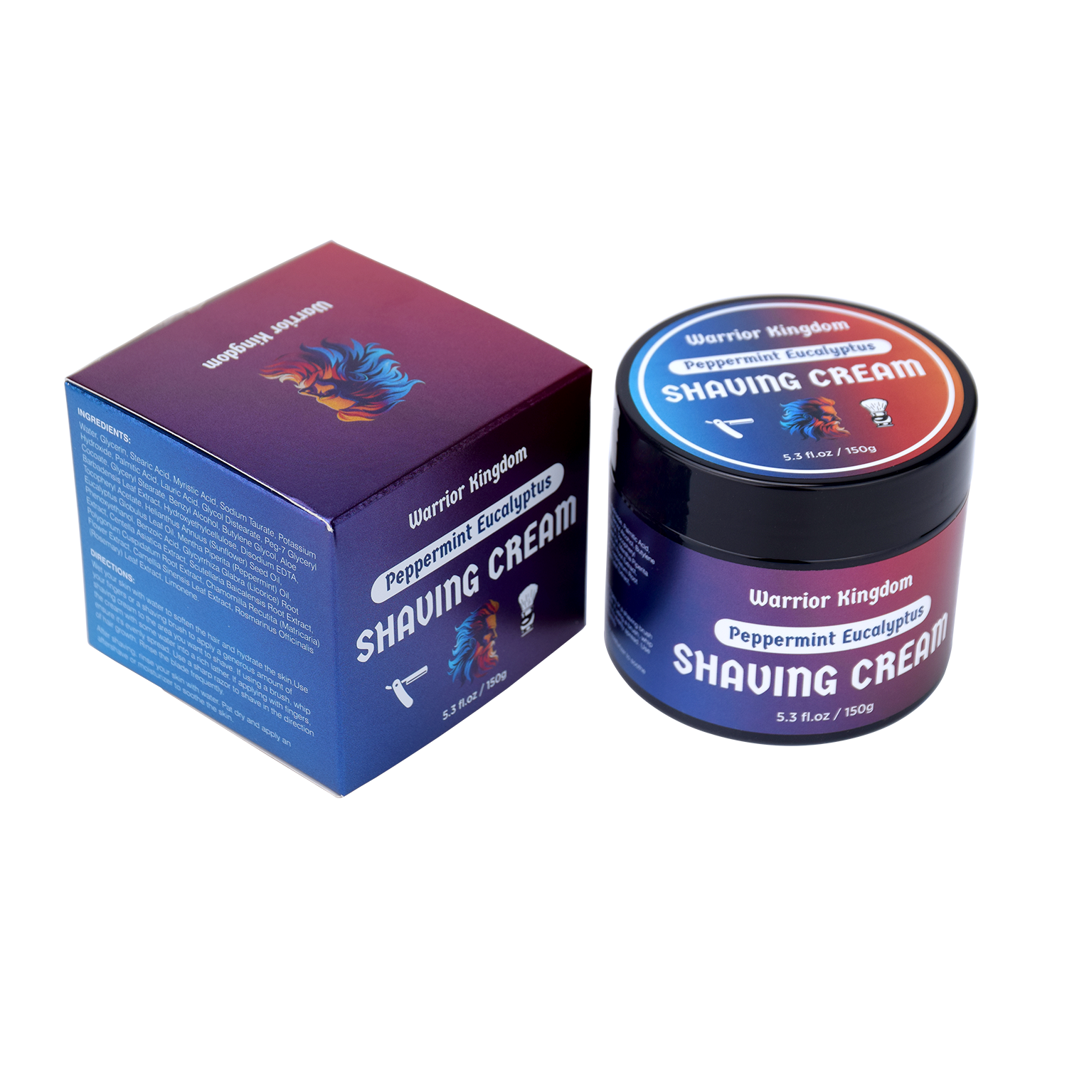 WhollyKaw Warrior Kingdom luxury shaving cream with peppermint and eucalyptus, in a jar, showcasing a rich, creamy texture.