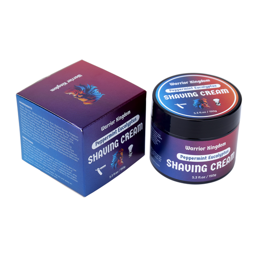 WhollyKaw Warrior Kingdom luxury shaving cream with peppermint and eucalyptus, in a jar, showcasing a rich, creamy texture.