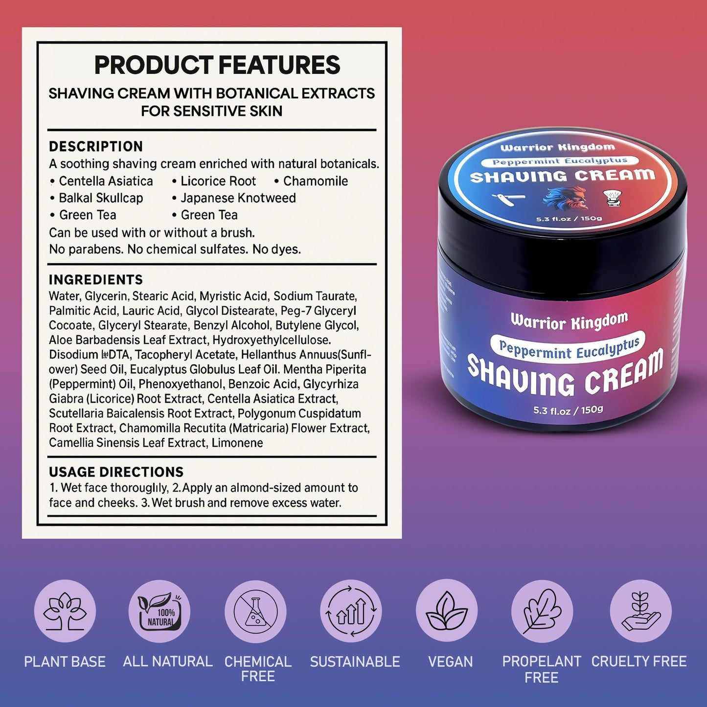 WhollyKaw Warrior Kingdom luxury shaving cream with peppermint and eucalyptus, shown in a tube for a smooth shave.