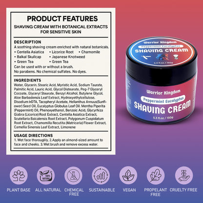 WhollyKaw Warrior Kingdom luxury shaving cream with peppermint and eucalyptus, shown in a tube for a smooth shave.
