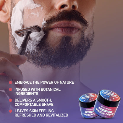 WhollyKaw Warrior Kingdom luxury shaving cream with peppermint and eucalyptus scent, in a tub with a smooth surface.