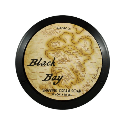 RazoRock Black Bay shaving cream soap in a 5 oz container, featuring a dark label and creamy texture for smooth shaving.