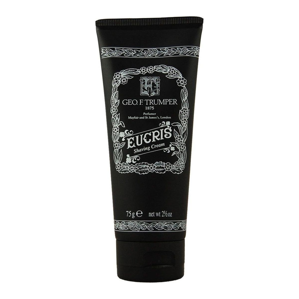 Geo. F. Trumper Eucris shaving cream in a 75g tube and bowl, creamy texture ideal for a smooth shave.