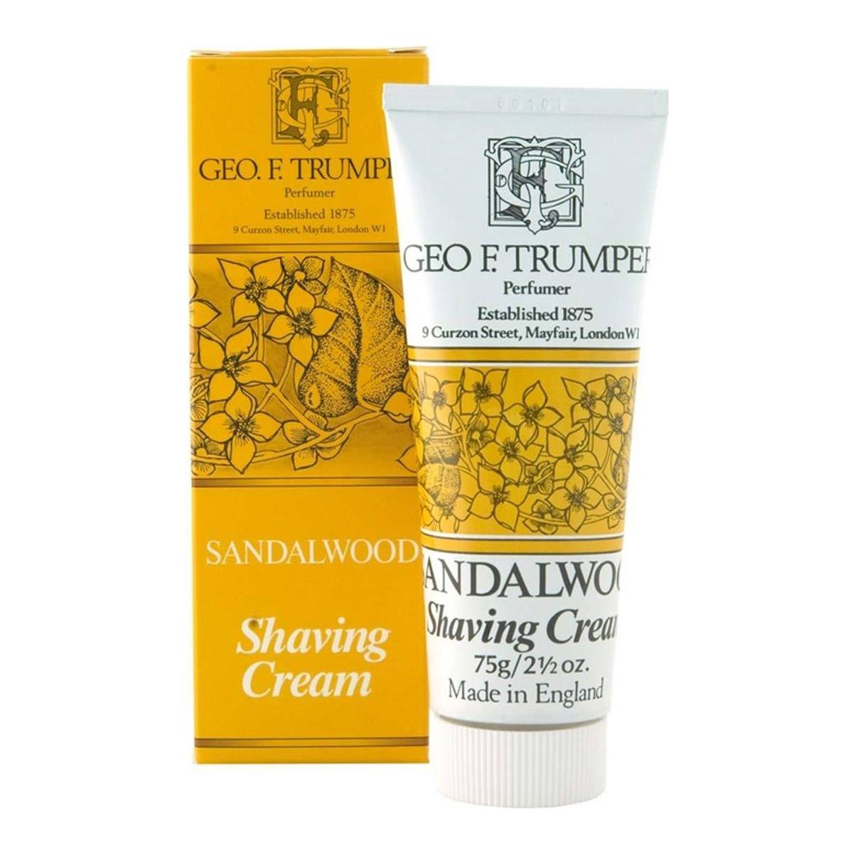Tube of Geo. F. Trumper Sandalwood Soft Shaving Cream by Pasteur Pharmacy, featuring a 75g tube with classic branding and sandalwood scent.