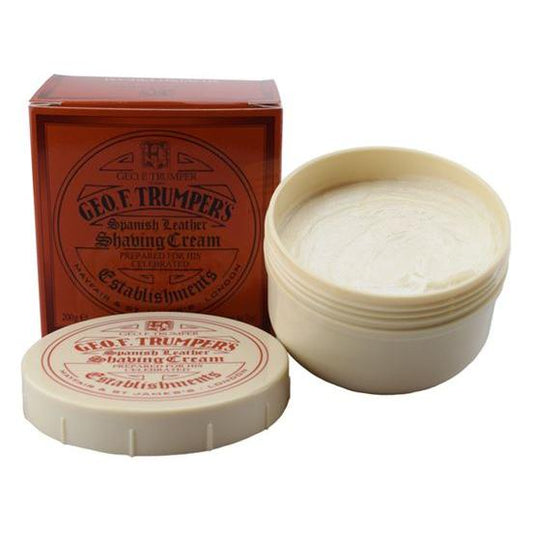 Geo. F. Trumper Spanish Leather soft shaving cream in a bowl and tube, ideal for a luxurious grooming experience.