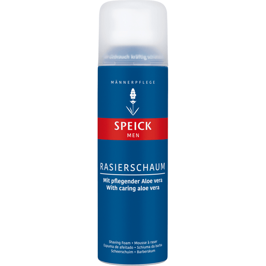 Speick Men Shaving Foam in a 6.8 oz container, creamy foam for a smooth shave, from Pasteur Pharmacy.