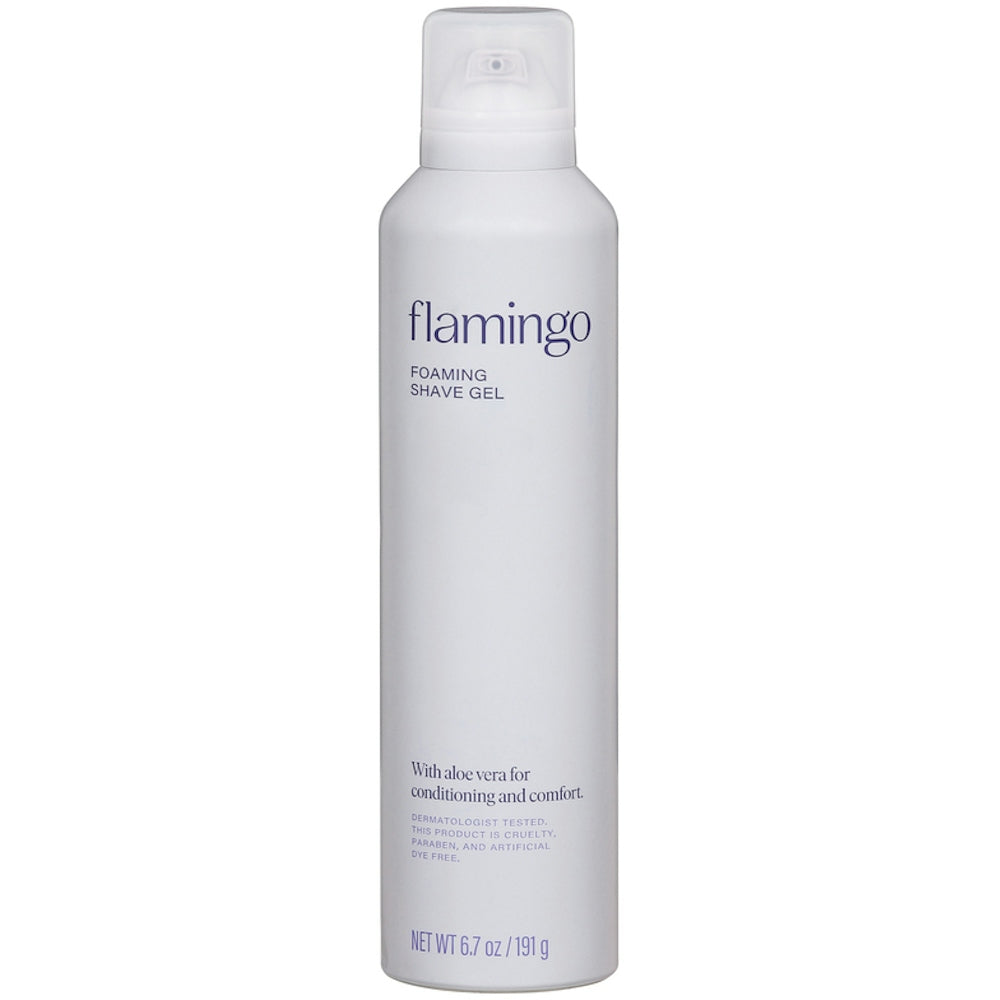 Flamingo Iris & Cedarwood Foaming Shave Gel by Pasteur Pharmacy in 6.7 oz bottle, showing the gel and packaging.