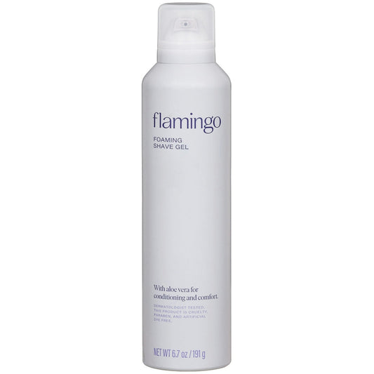 Flamingo Iris & Cedarwood Foaming Shave Gel by Pasteur Pharmacy in 6.7 oz bottle, showing the gel and packaging.