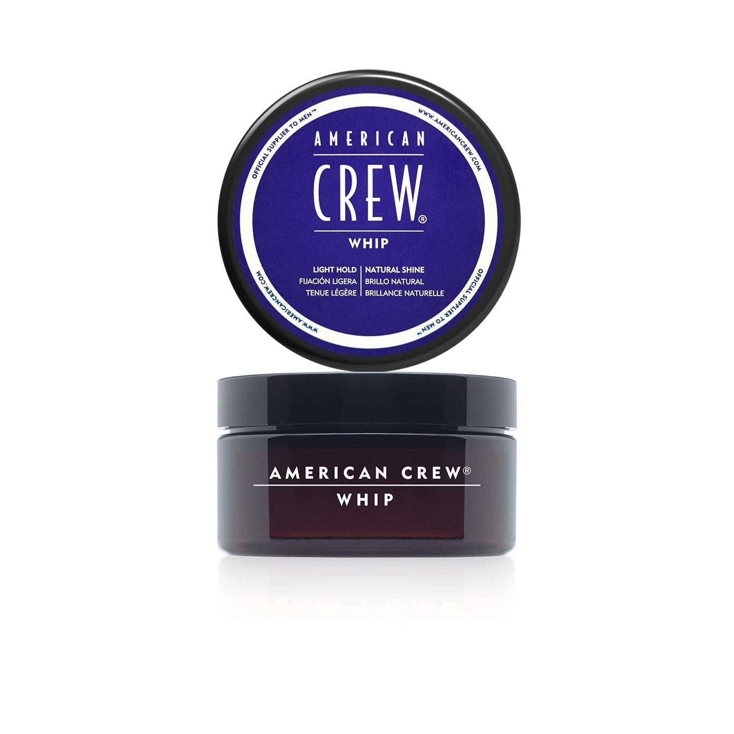 American Crew Men's Whip Styling Cream in 3 oz jar, grooming product for flexible styling and textured hair.