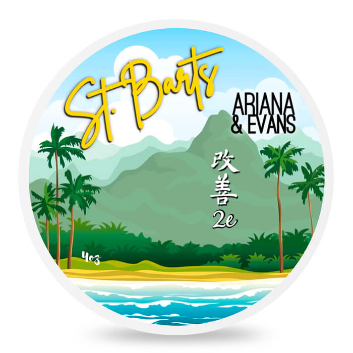 Ariana & Evans St. Barts shaving soap in a 4 oz container, ideal for grooming and shaving, with a natural, creamy texture.